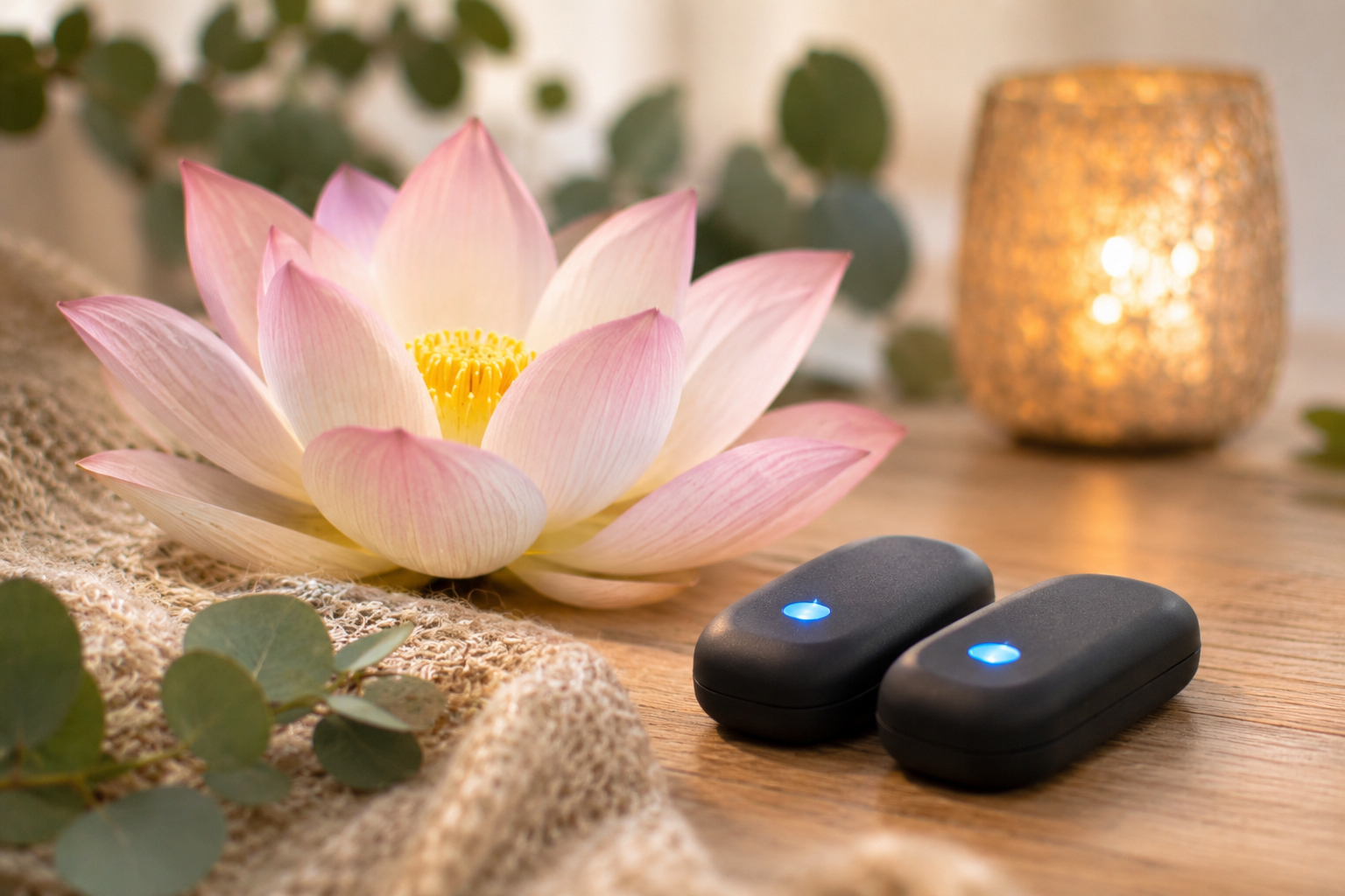 A pink lotus beside two EMDR tappers, a glowing candle and eucalyptus